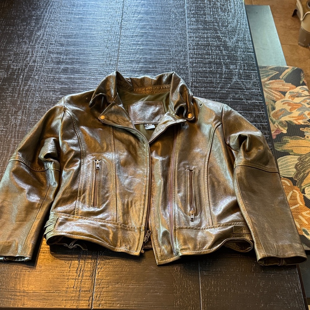 Women's dark olive green Leather Jacket xs
